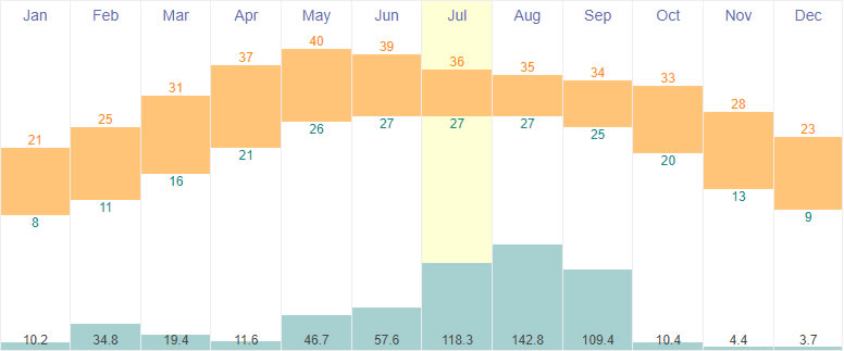 Average temperature and rainfall in New Delhi, India